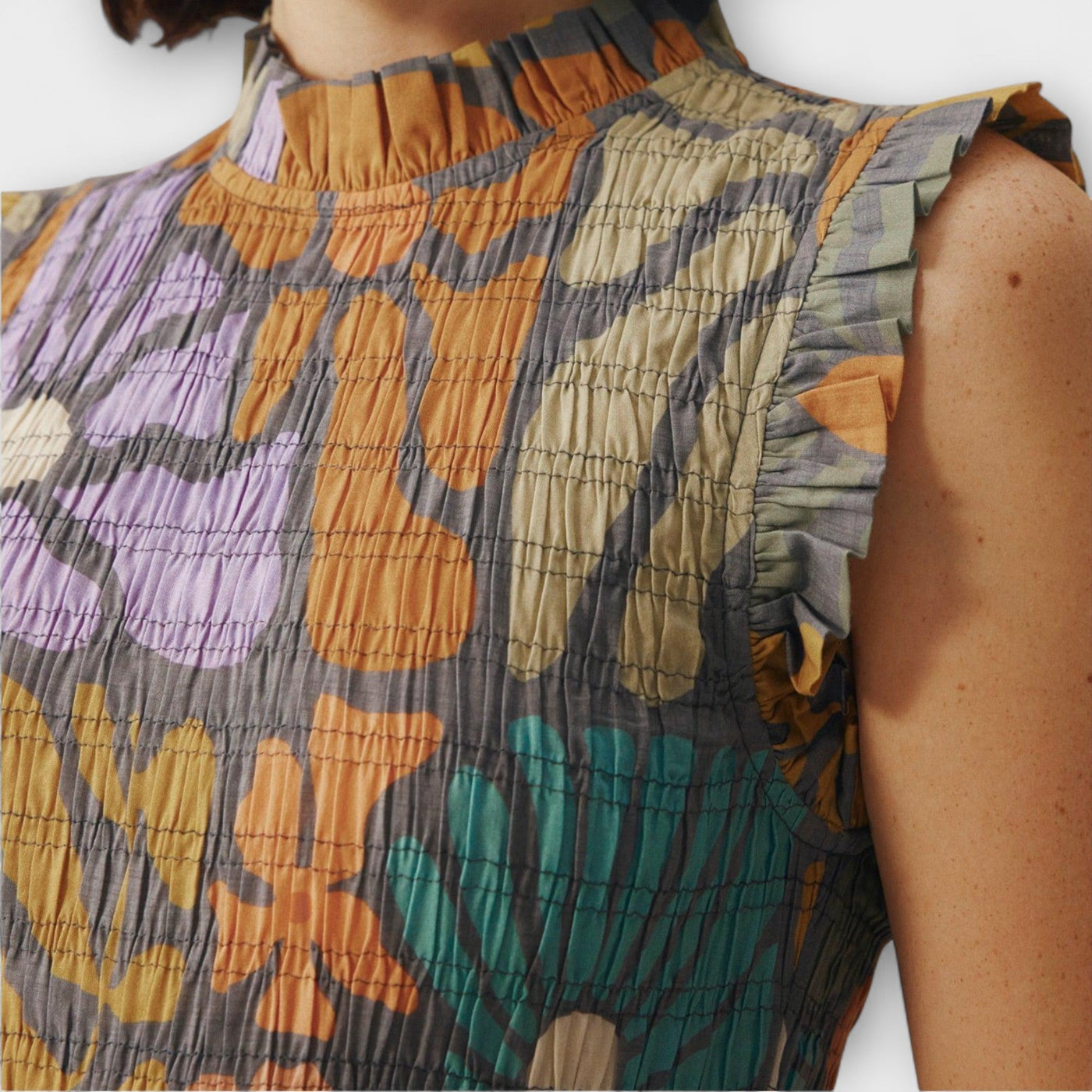 Večbarvna botanična midi obleka