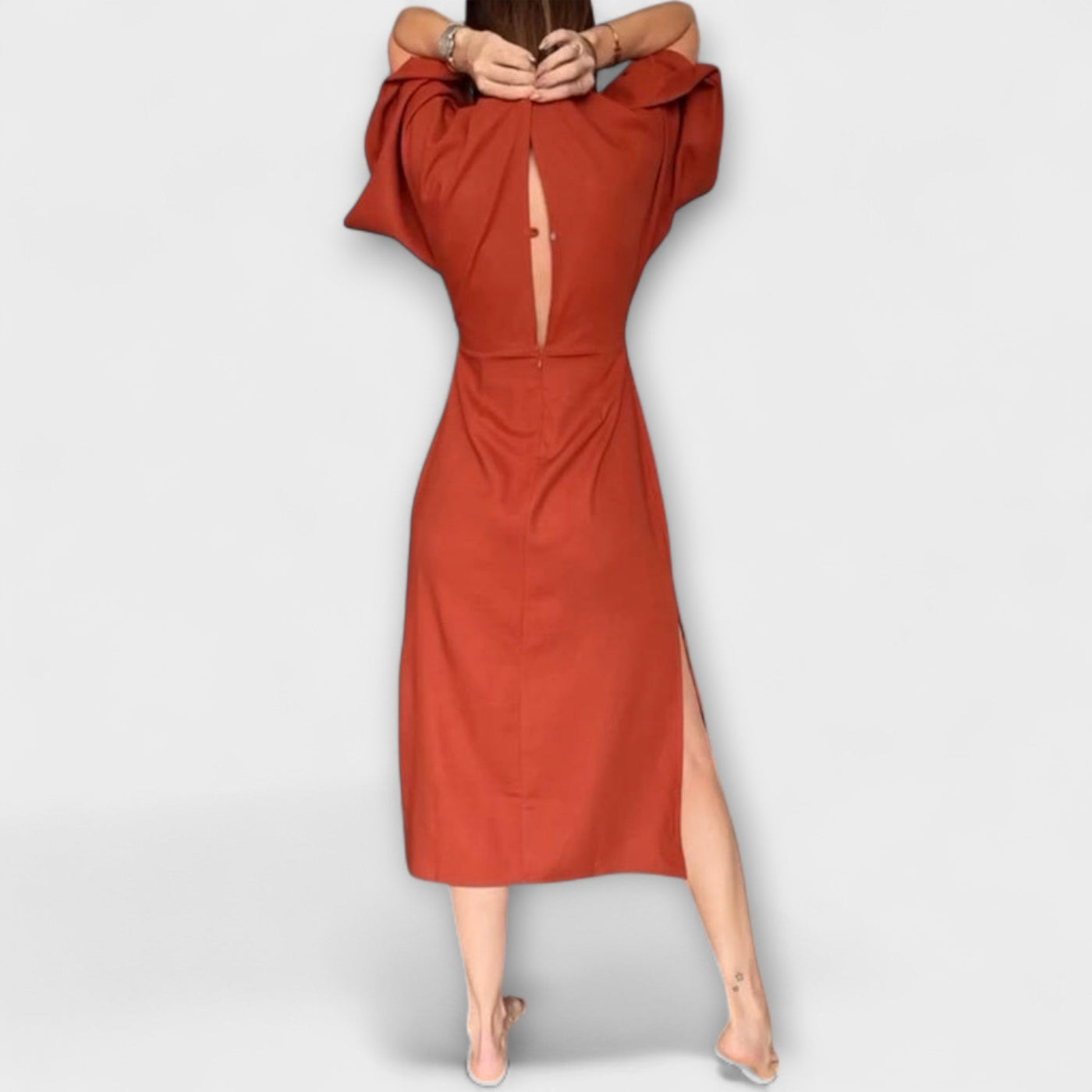 Holly - Ležerni obleka z V-izrezom, izdelana iz bombaža in lana s vezanjem