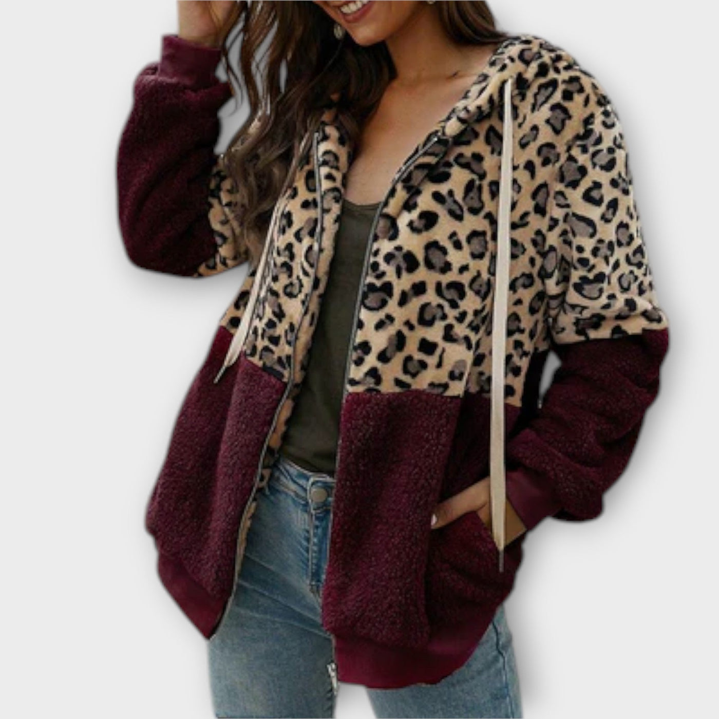 Lea - Fleece mikina s kapuco in leopardjim dizajnom